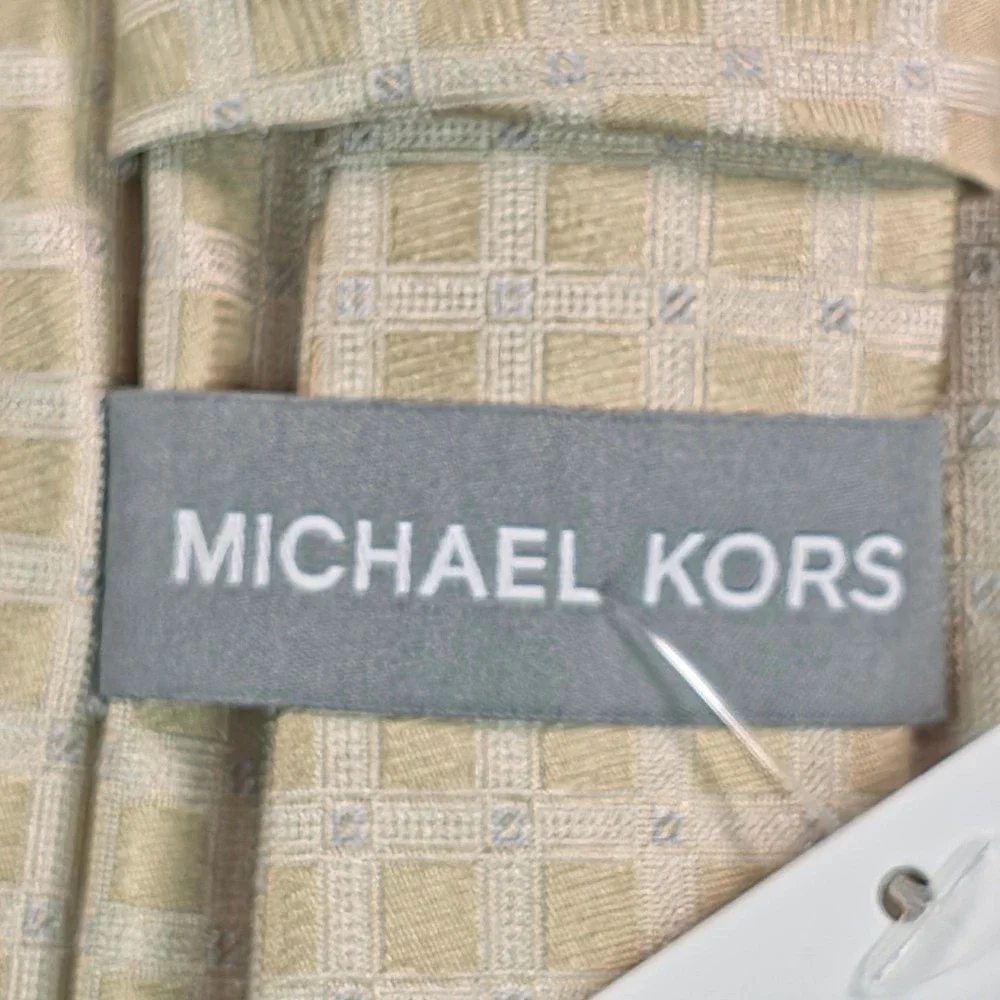 Michael Kors Mens Tie One Size Beige Longboat Grid Silk Blend Necktie NWT